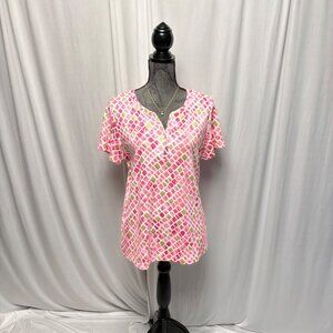 Karen Scott Top Womens Size Large Pink Gold Pattern Short Sleeve Henley T Shirt